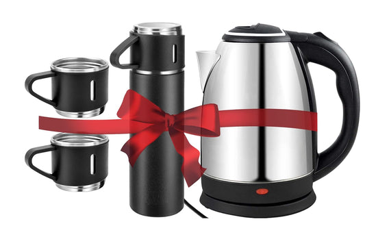 3 in 1 Combo Set Electric Kettle Stainless Steel 1.8 litres, Thermo Vaccum Flask Set with 2 Cups for boiling Water, Making Tea and Coffee, Instant Noodles, Soup and Diwali Gift